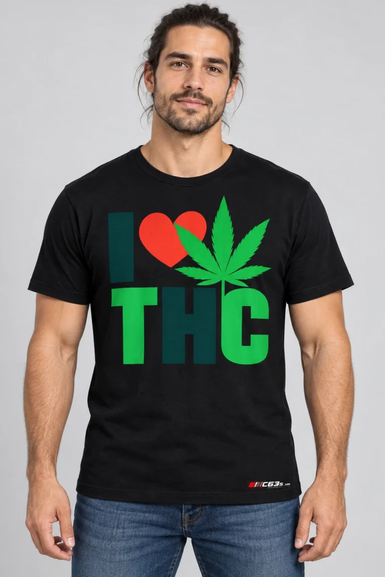 I Love THC on a model wearing a black graphic T-shirt with C63s.com hem branding