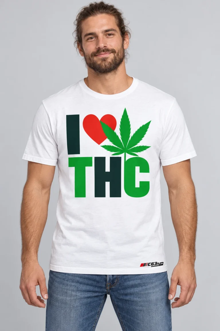 I Love THC on a model wearing a white graphic T-shirt with C63s.com hem branding