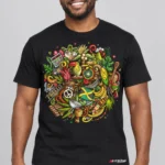 Jamaica Rhythm on a model wearing a black graphic tee with c63s.com branding
