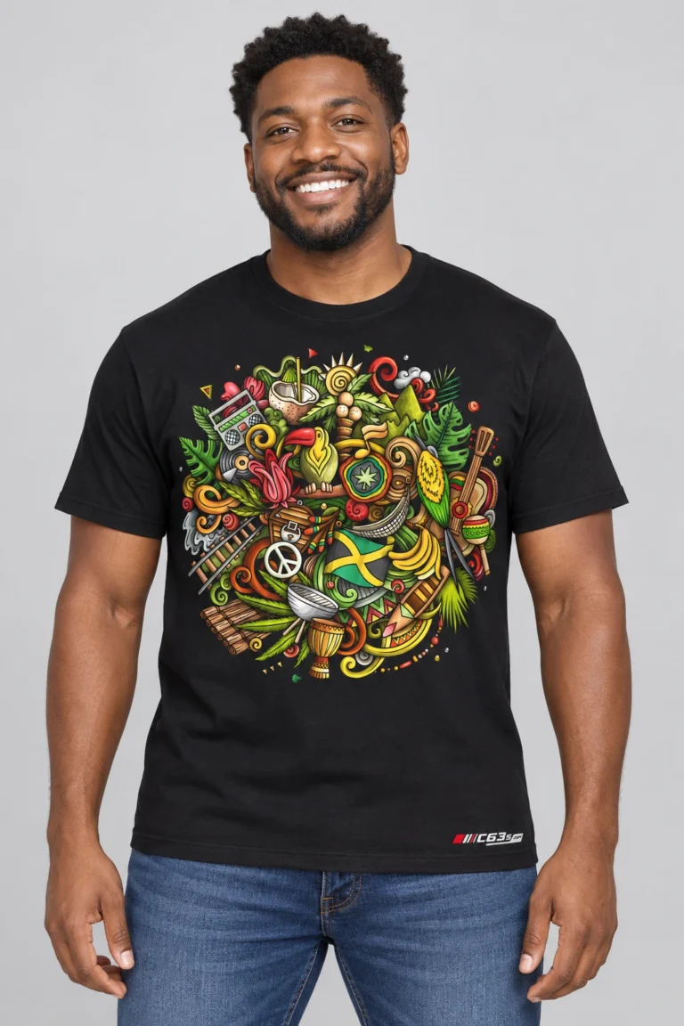 Jamaica Rhythm on a model wearing a black graphic tee with c63s.com branding