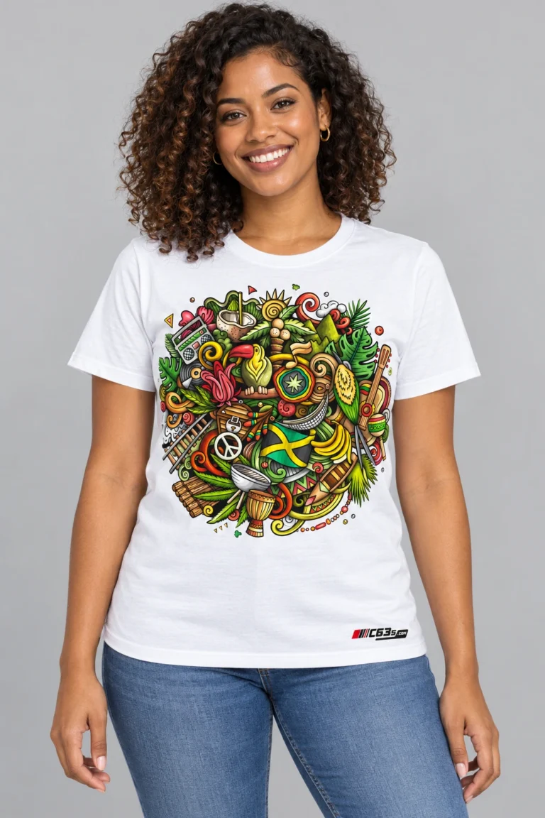 Jamaica Rhythm on a model wearing a white graphic tee with c63s.com branding