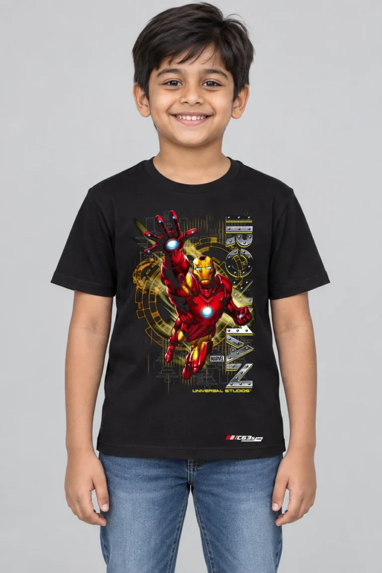 Armoured Hero Kids’ T-Shirt — black with front-only print and C63s.com hem logo