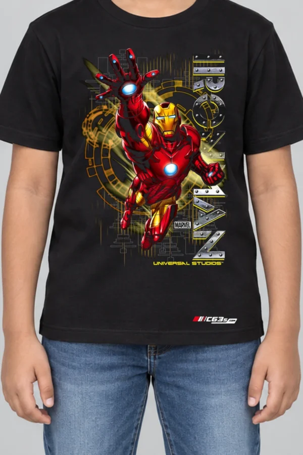 Armoured Hero Kids’ T-Shirt — black hover with front-only print and C63s.com hem logo