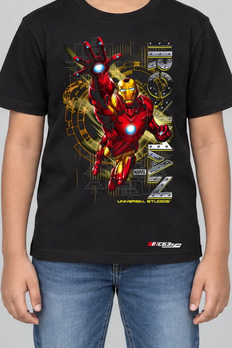 Armoured Hero Kids’ T-Shirt — black hover with front-only print and C63s.com hem logo