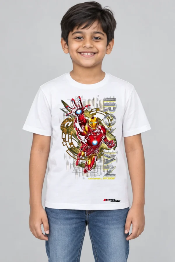 Armoured Hero Kids’ T-Shirt — white with front-only print and C63s.com hem logo