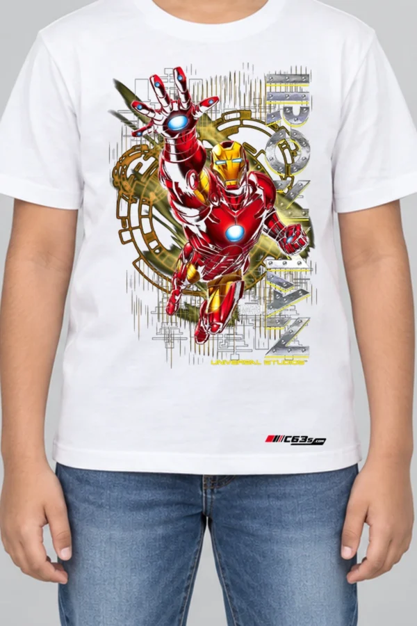 Armoured Hero Kids’ T-Shirt — white hover with front-only print and C63s.com hem logo