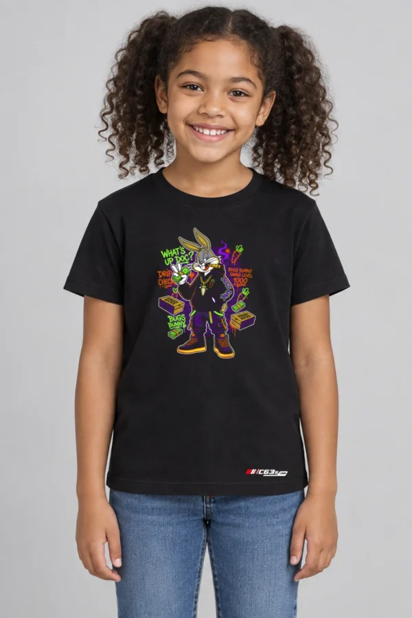 Bugs Playground Rebel Kids’ T-Shirt — black with front-only print and C63s.com hem logo