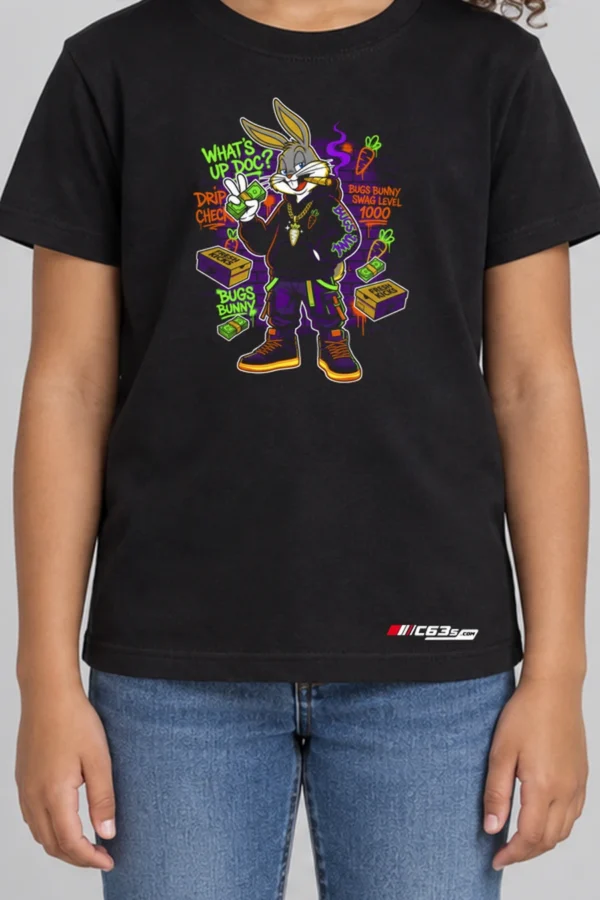 Bugs Playground Rebel Kids’ T-Shirt — black hover with front-only print and C63s.com hem logo