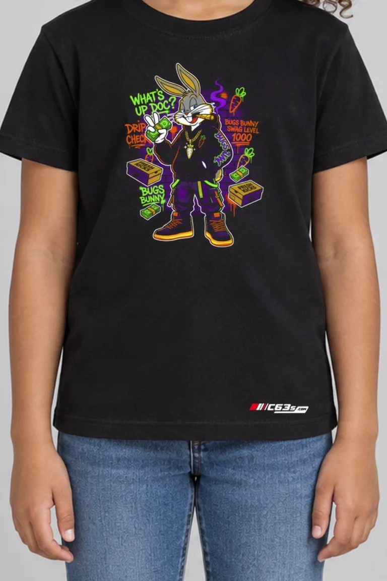 Bugs Playground Rebel Kids’ T-Shirt — black hover with front-only print and C63s.com hem logo