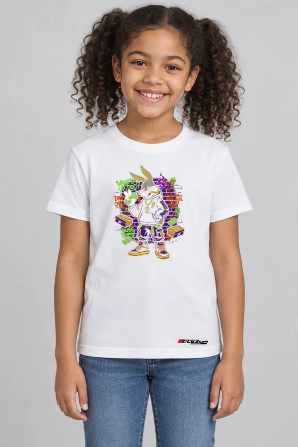 Bugs Playground Rebel Kids’ T-Shirt — white with front-only print and C63s.com hem logo