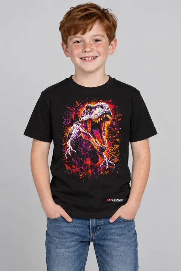 Jurassic Roar Kids’ T-Shirt — black with front-only print and C63s.com hem logo