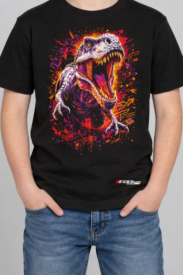 Jurassic Roar Kids’ T-Shirt — black hover with front-only print and C63s.com hem logo