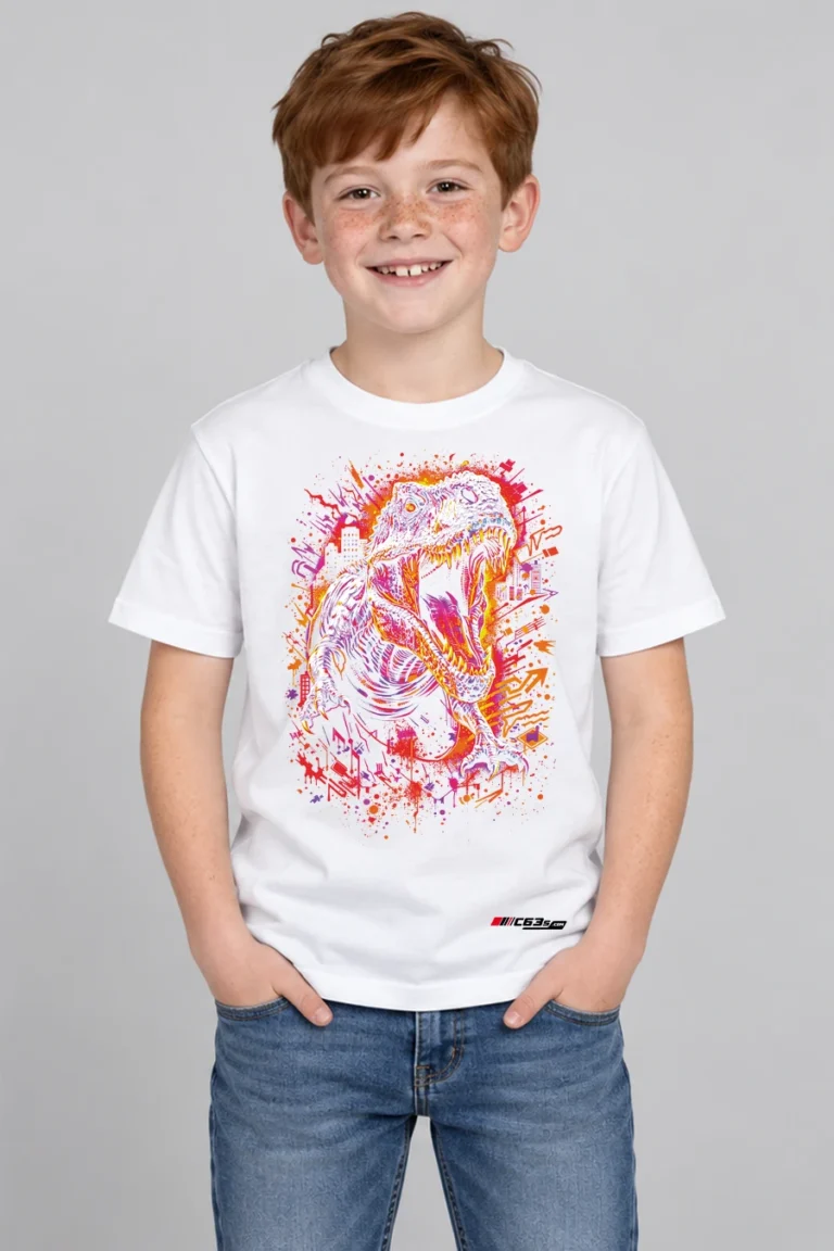 Jurassic Roar Kids’ T-Shirt — white with front-only print and C63s.com hem logo