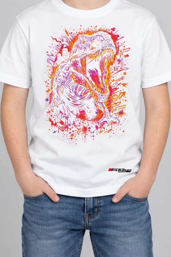Jurassic Roar Kids’ T-Shirt — white hover with front-only print and C63s.com hem logo