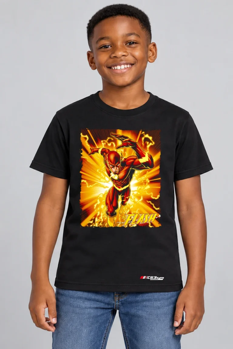 Lightning Dash Kids’ T-Shirt — black with front-only print and C63s.com hem logo