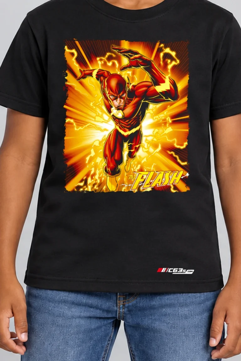 Lightning Dash Kids’ T-Shirt — black hover with front-only print and C63s.com hem logo