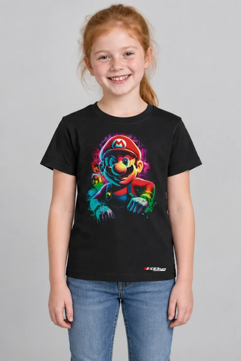 Mario Colour Quest Kids’ T-Shirt — black with front-only print and C63s.com hem logo
