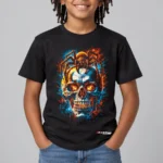 Neon Skull Splash Kids’ T-Shirt — black with front-only print and C63s.com hem logo