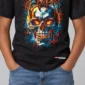 Neon Skull Splash Kids’ T-Shirt — black hover with front-only print and C63s.com hem logo
