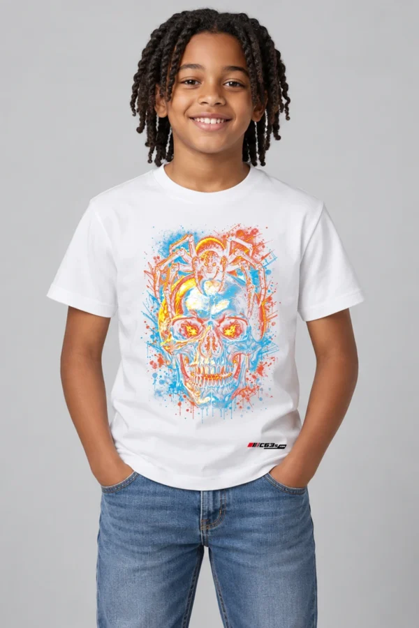 Neon Skull Splash Kids’ T-Shirt — white with front-only print and C63s.com hem logo