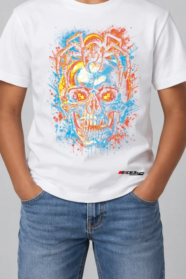 Neon Skull Splash Kids’ T-Shirt — white hover with front-only print and C63s.com hem logo