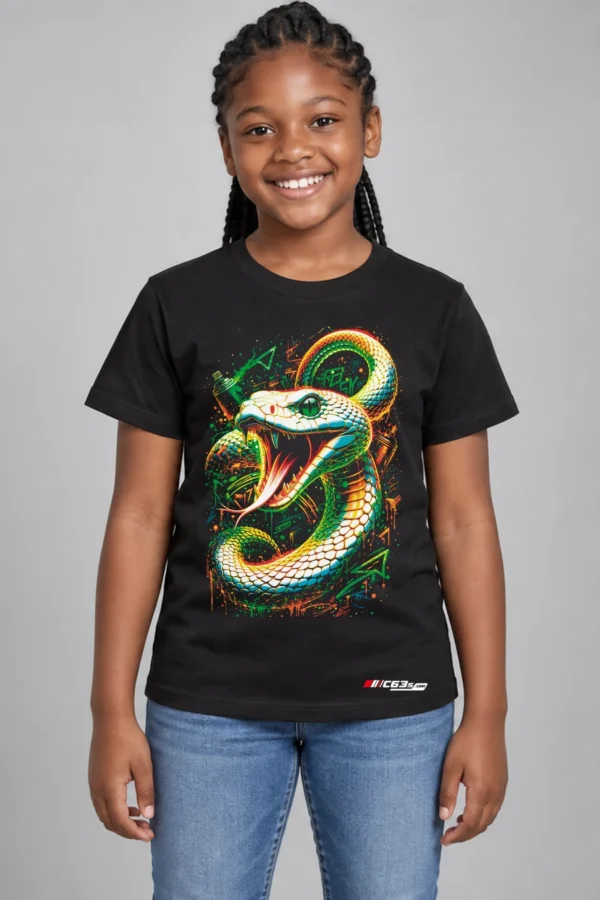 Neon Viper Kids’ T-Shirt — black with front-only print and C63s.com hem logo