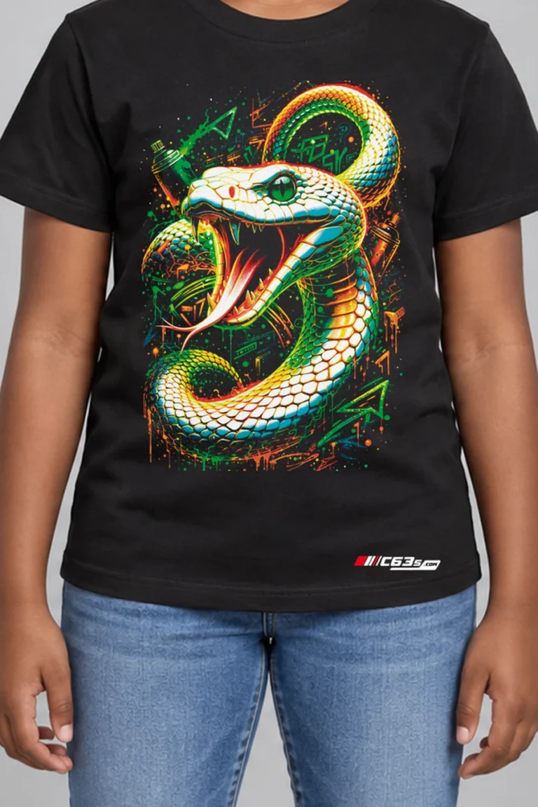 Neon Viper Kids’ T-Shirt — black hover with front-only print and C63s.com hem logo