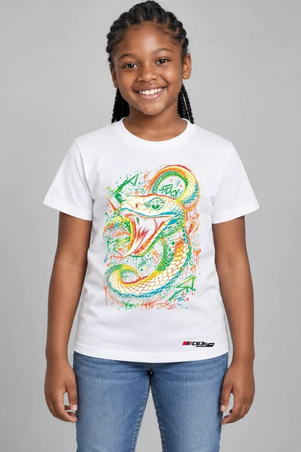 Neon Viper Kids’ T-Shirt — white with front-only print and C63s.com hem logo
