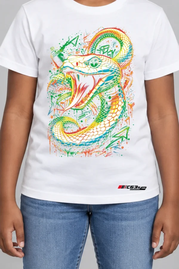 Neon Viper Kids’ T-Shirt — white hover with front-only print and C63s.com hem logo