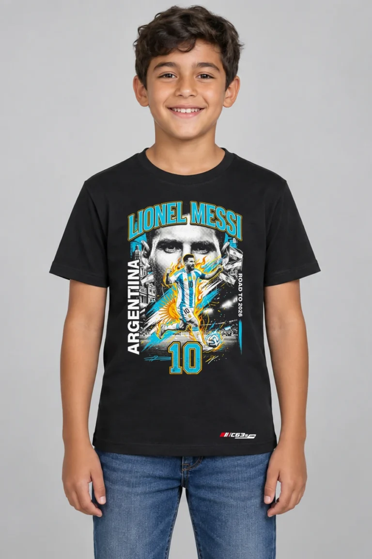 Number Ten Legend Kids’ T-Shirt — black with front-only print and C63s.com hem logo