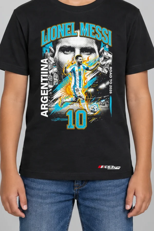 Number Ten Legend Kids’ T-Shirt — black hover with front-only print and C63s.com hem logo