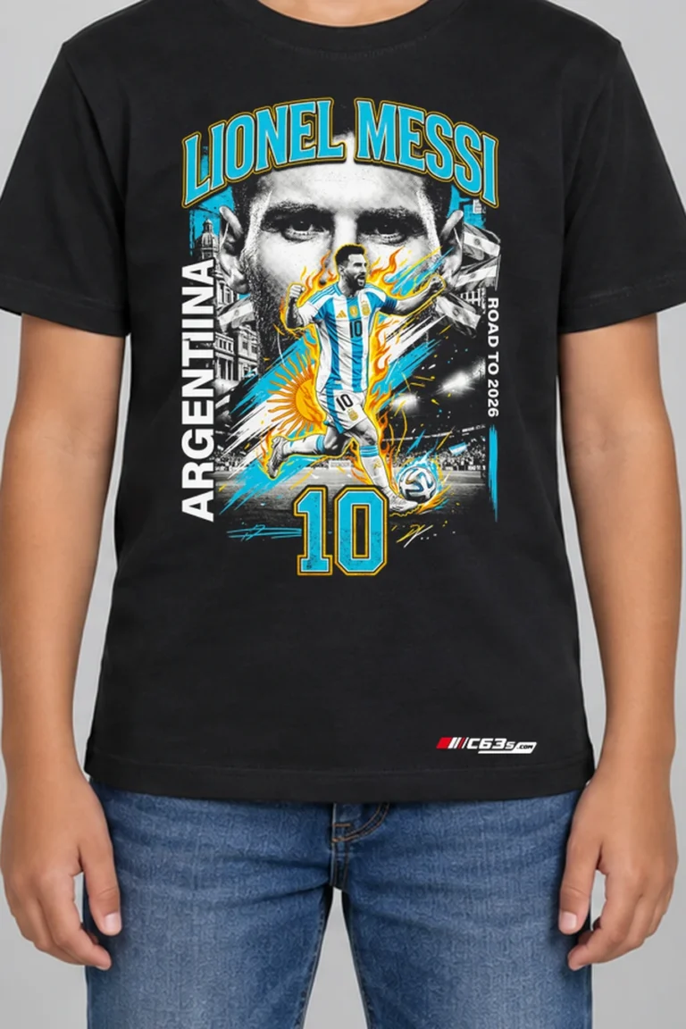 Number Ten Legend Kids’ T-Shirt — black hover with front-only print and C63s.com hem logo