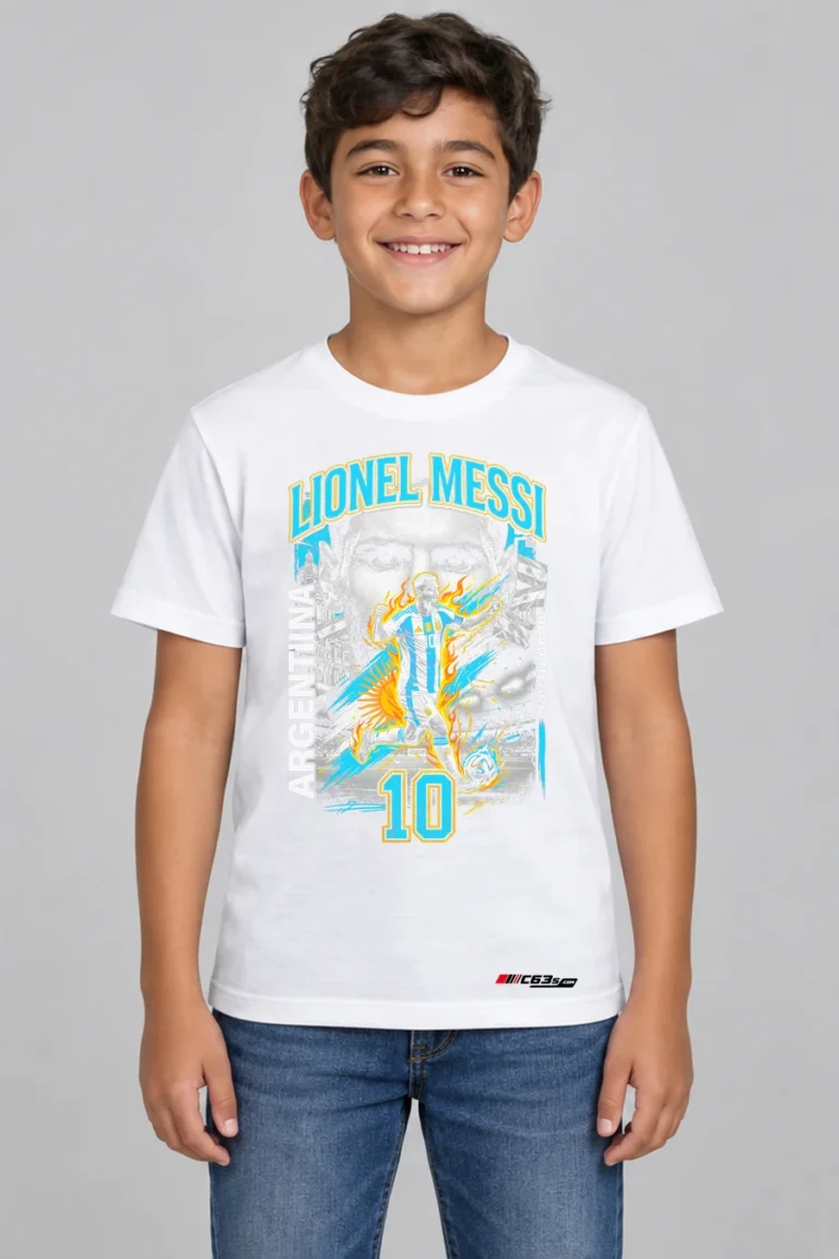 Number Ten Legend Kids’ T-Shirt — white with front-only print and C63s.com hem logo