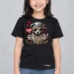 Panda Love Club Kids’ T-Shirt — black with front-only print and C63s.com hem logo