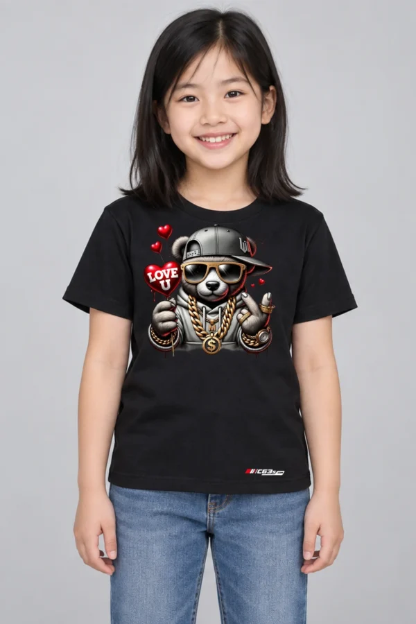 Panda Love Club Kids’ T-Shirt — black with front-only print and C63s.com hem logo