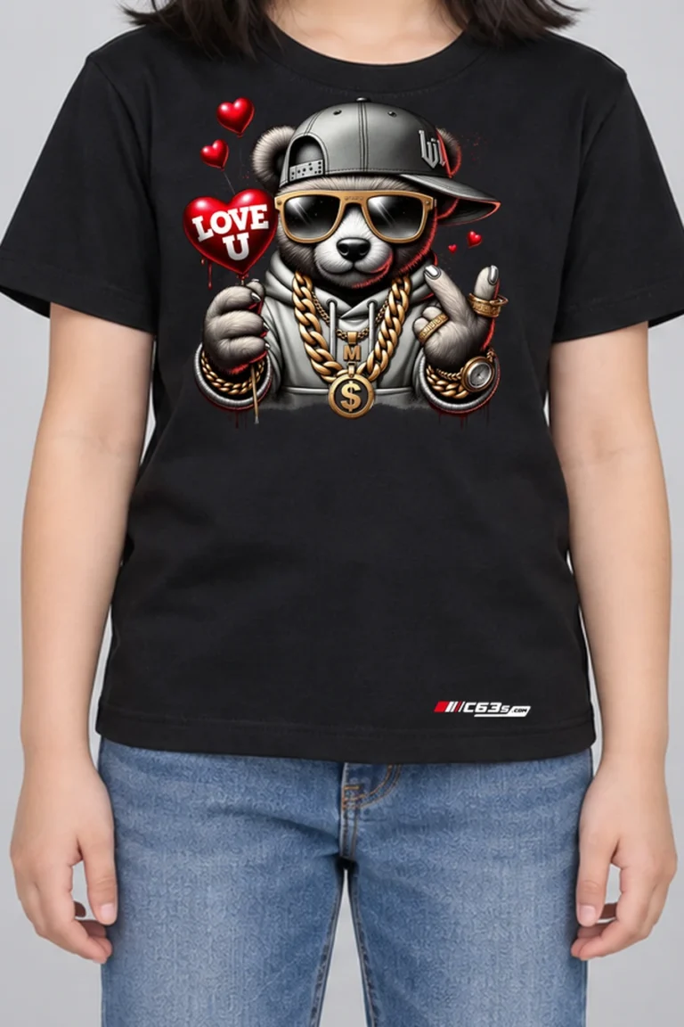 Panda Love Club Kids’ T-Shirt — black hover with front-only print and C63s.com hem logo