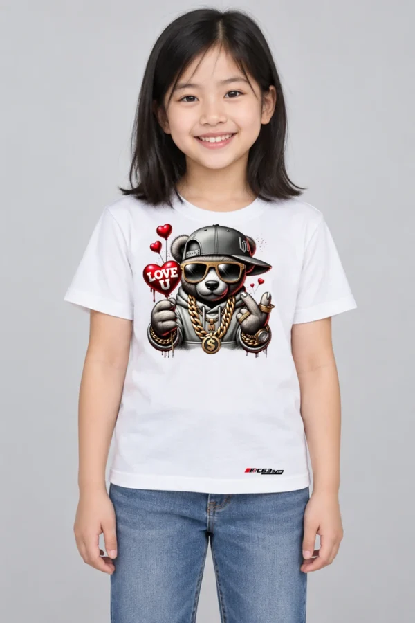 Panda Love Club Kids’ T-Shirt — white with front-only print and C63s.com hem logo