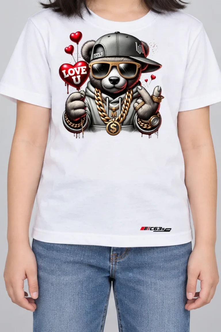 Panda Love Club Kids’ T-Shirt — white hover with front-only print and C63s.com hem logo