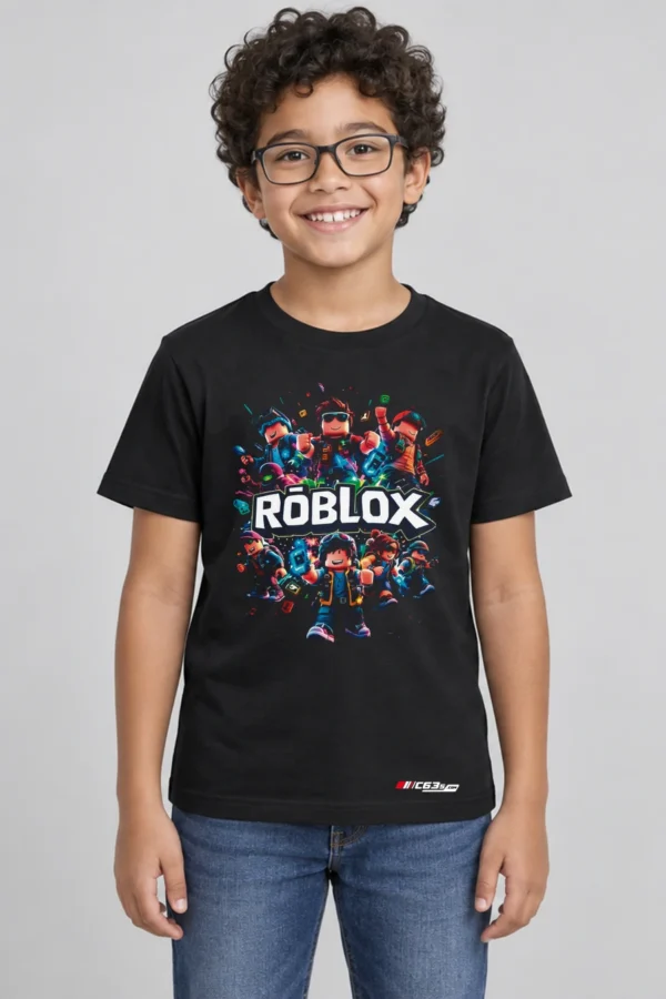 Roblox Worlds Kids’ T-Shirt — black with front-only print and C63s.com hem logo