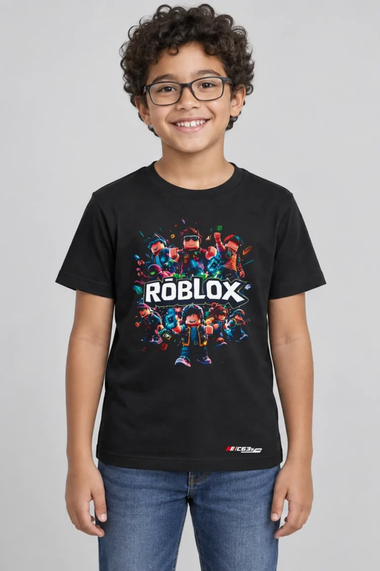 Roblox Worlds Kids’ T-Shirt — black with front-only print and C63s.com hem logo