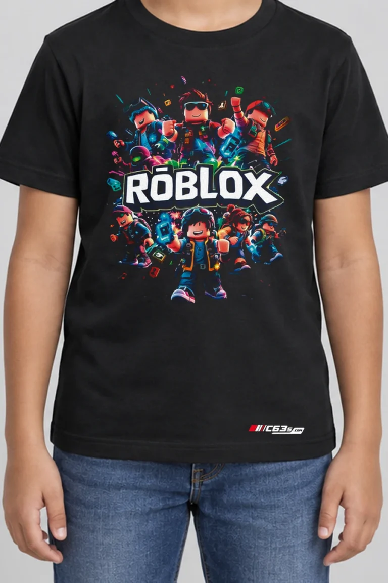 Roblox Worlds Kids’ T-Shirt — black hover with front-only print and C63s.com hem logo