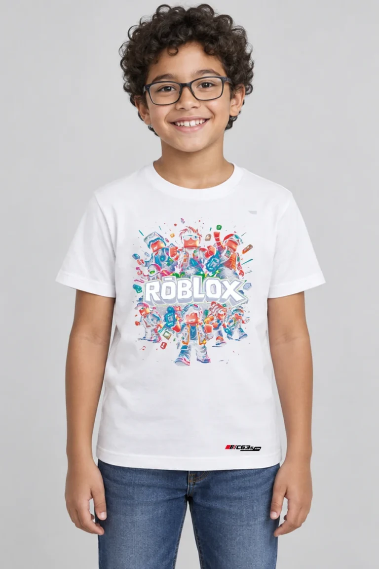 Roblox Worlds Kids’ T-Shirt — white with front-only print and C63s.com hem logo