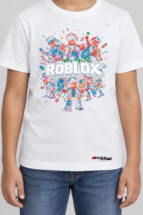 Roblox Worlds Kids’ T-Shirt — white hover with front-only print and C63s.com hem logo