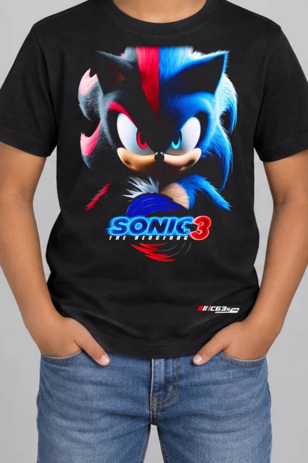 Sonic Speed Duo Kids’ T-Shirt — black hover with front-only print and C63s.com hem logo