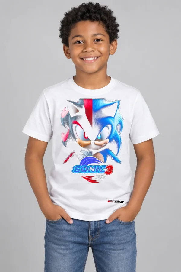 Sonic Speed Duo Kids’ T-Shirt — white with front-only print and C63s.com hem logo