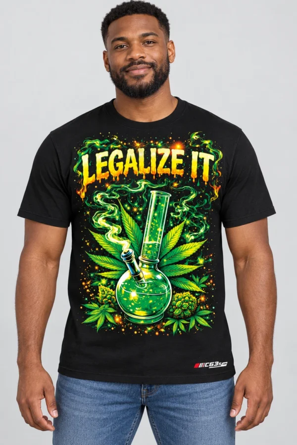 Legalize It on a model wearing a black graphic T-shirt with C63s.com hem branding