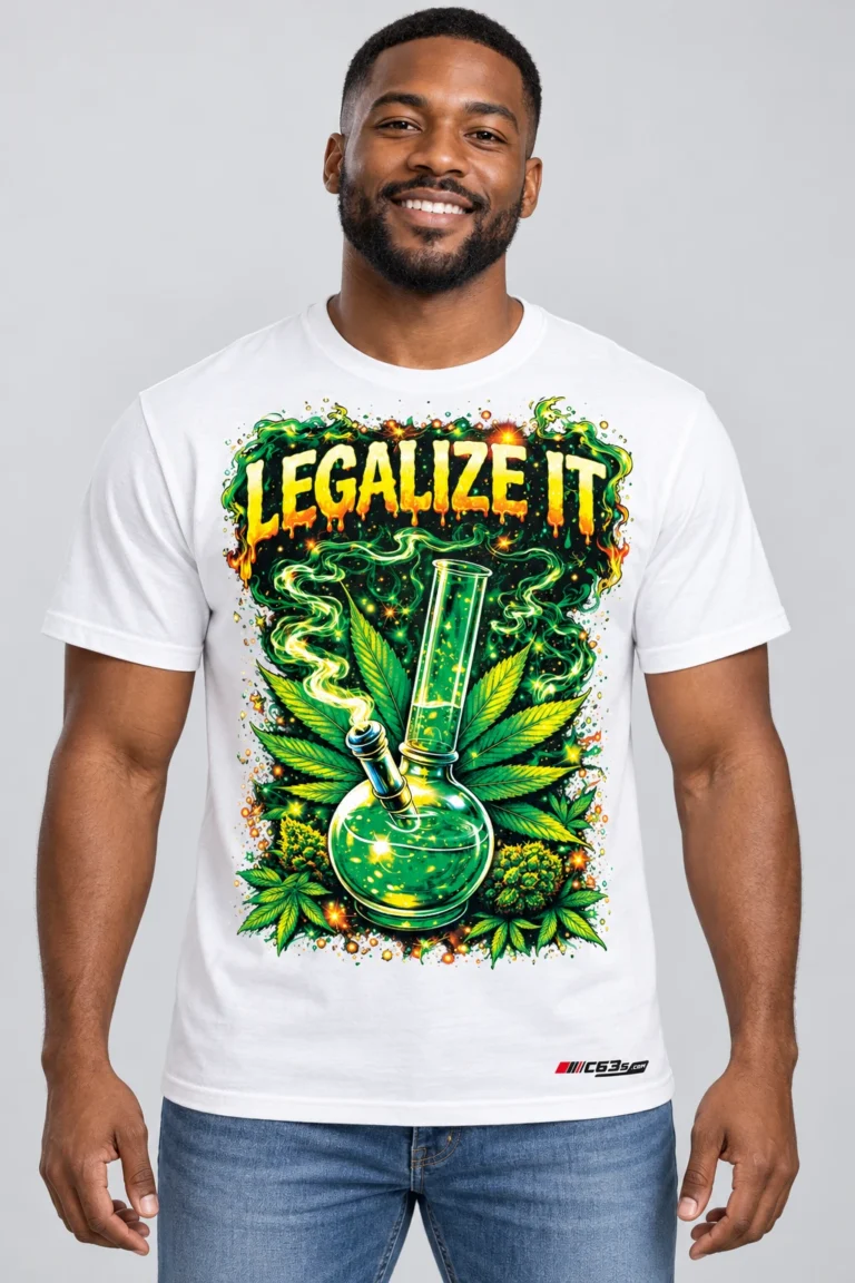 Legalize It on a model wearing a white graphic T-shirt with C63s.com hem branding
