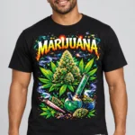 Marijuana Glow on a model wearing a black graphic T-shirt with C63s.com hem branding