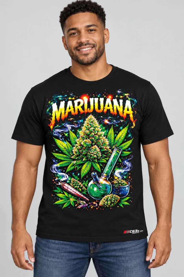 Marijuana Glow on a model wearing a black graphic T-shirt with C63s.com hem branding