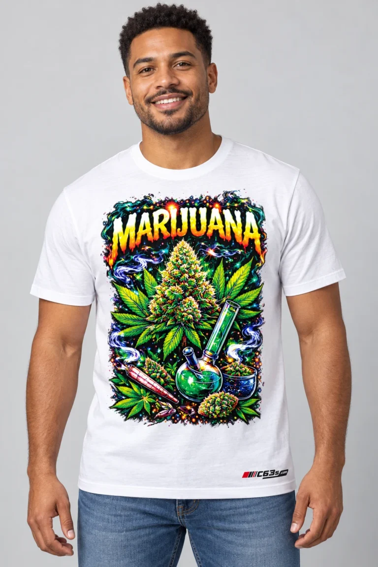 Marijuana Glow on a model wearing a white graphic T-shirt with C63s.com hem branding